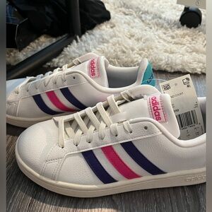 Women’s Adidas Grand Court in white/purple/pink/teal
